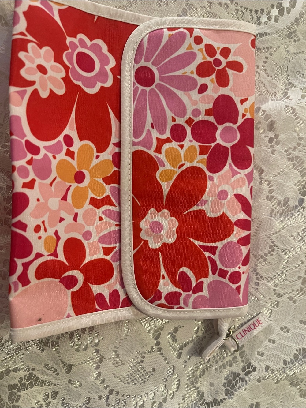 Clinique Pink and White Cosmetic Bag with Floral Interior